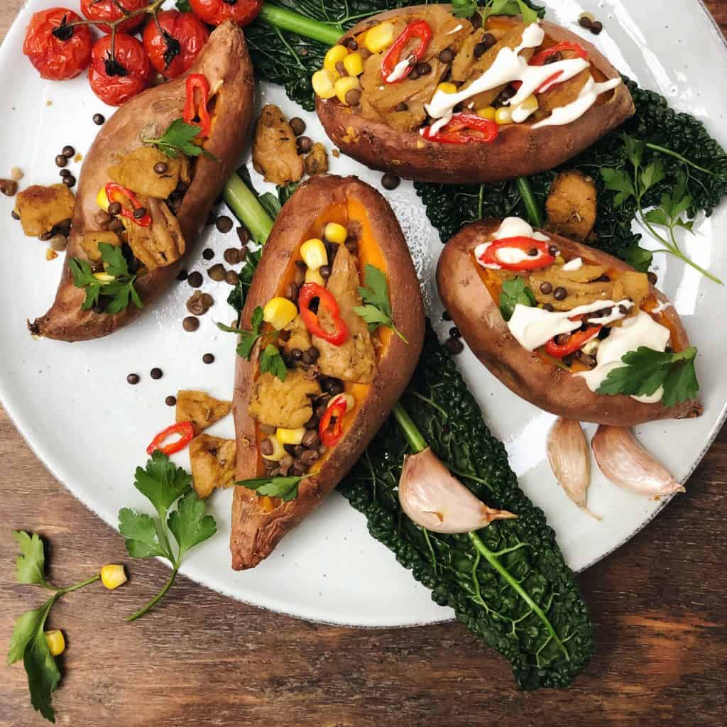 Roasted Sweet Potato With Chunky Pulled Peaz Mediterranean - Lazy Vegan
